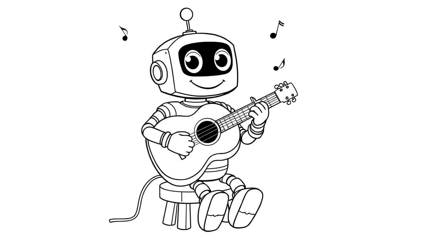 Un robot de dibujos animados sentado en un taburete tocando una guitarra, listo para colorear en una placa.