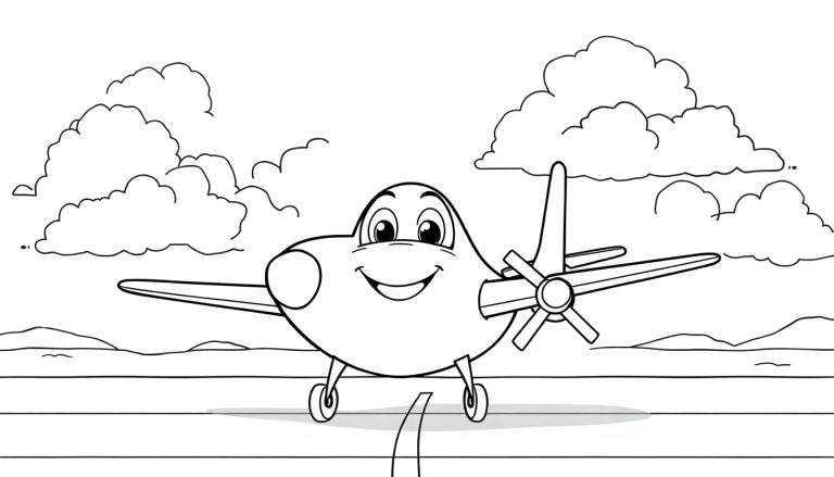 Placa de color de un avión de dibujos animados sonriendo en una pista.