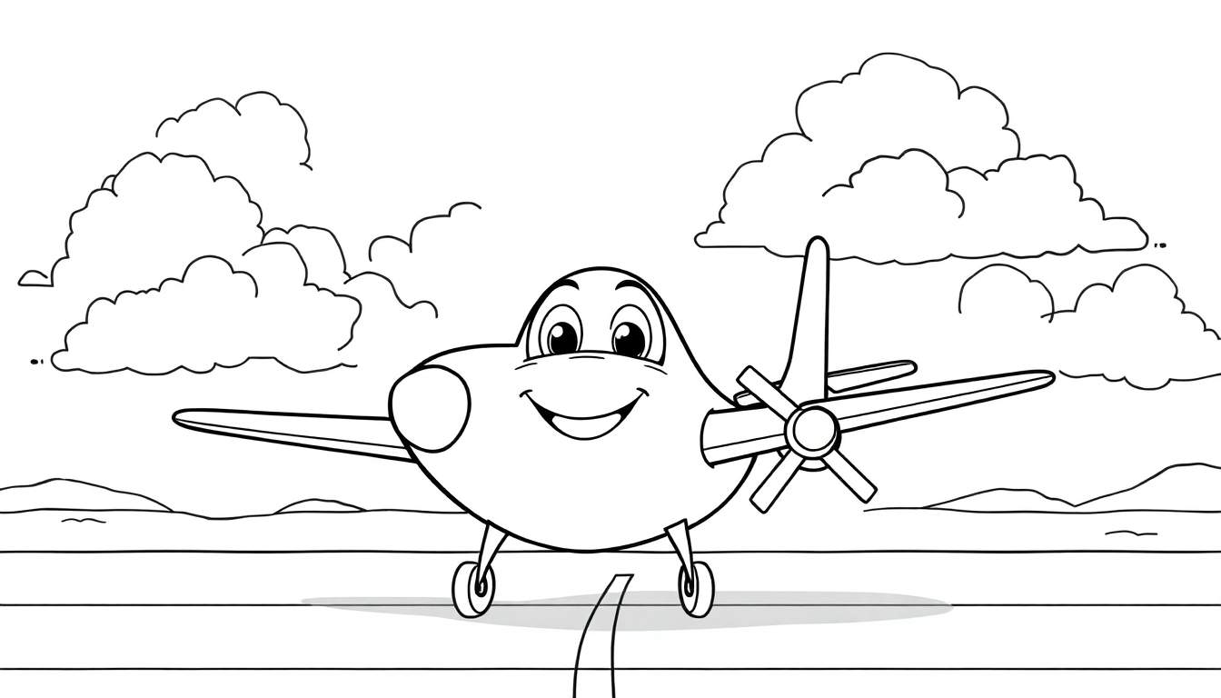 Placa de color de un avión de dibujos animados sonriendo en una pista.