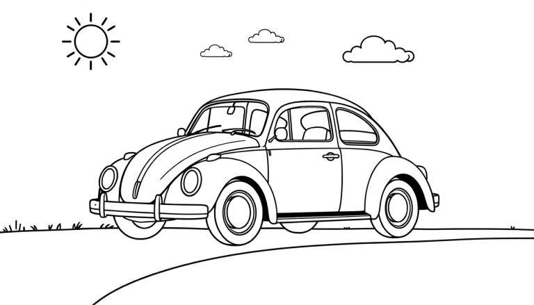 Un escarabajo Volkswagen clásico para colorear en blanco y negro, listo para la carretera, con un sol brillante y nubes.