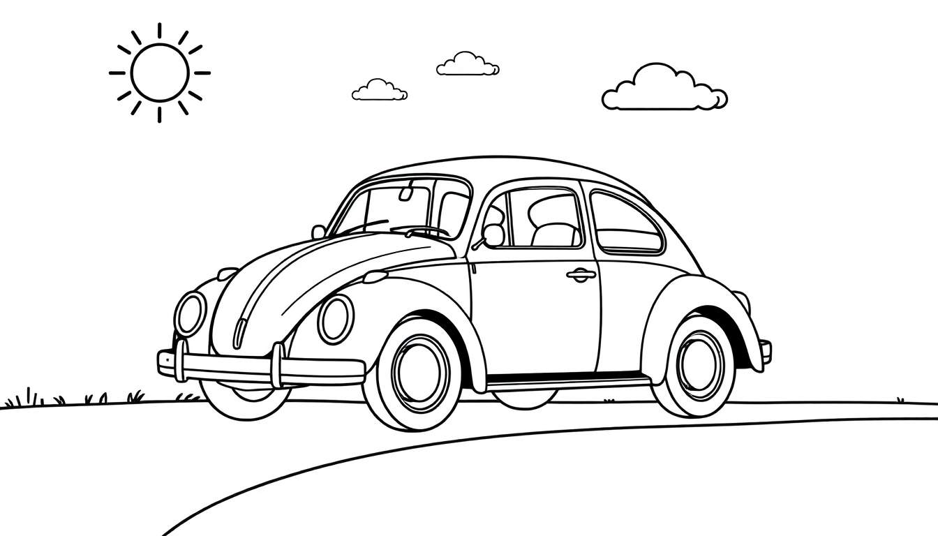 Un escarabajo Volkswagen clásico para colorear en blanco y negro, listo para la carretera, con un sol brillante y nubes.