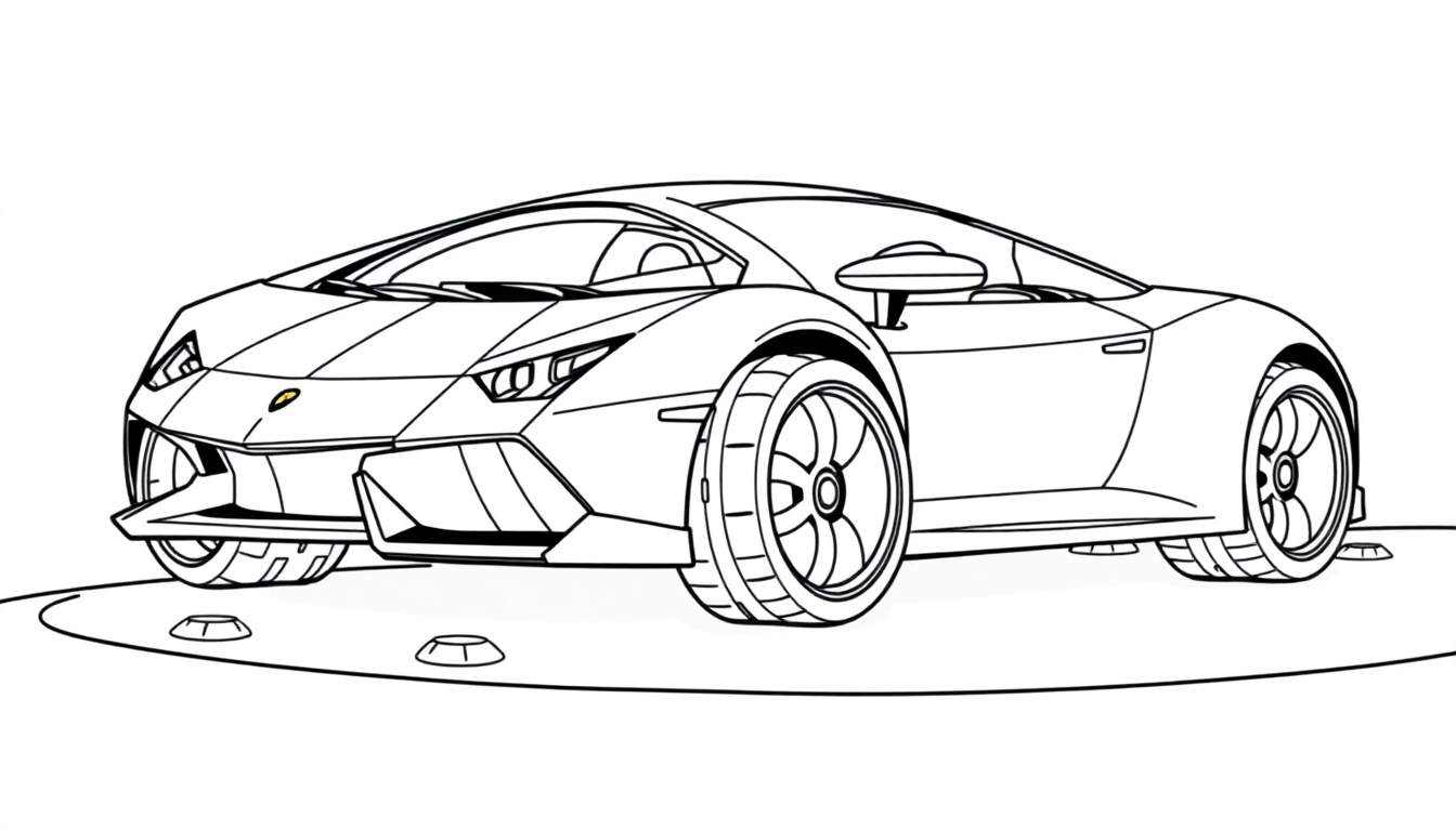 Dibujo lineal de un coche deportivo Lamborghini para colorear, con ruedas grandes y un diseño genial.