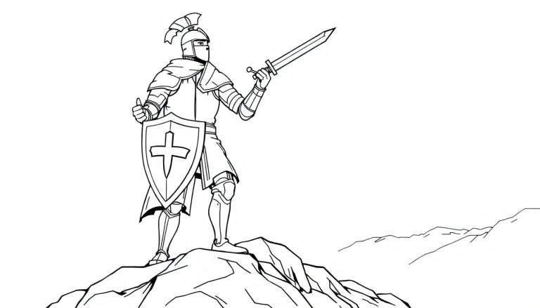 Página para colorear en blanco y negro de un valiente caballero sobre una montaña, sosteniendo una espada, listo para la aventura.