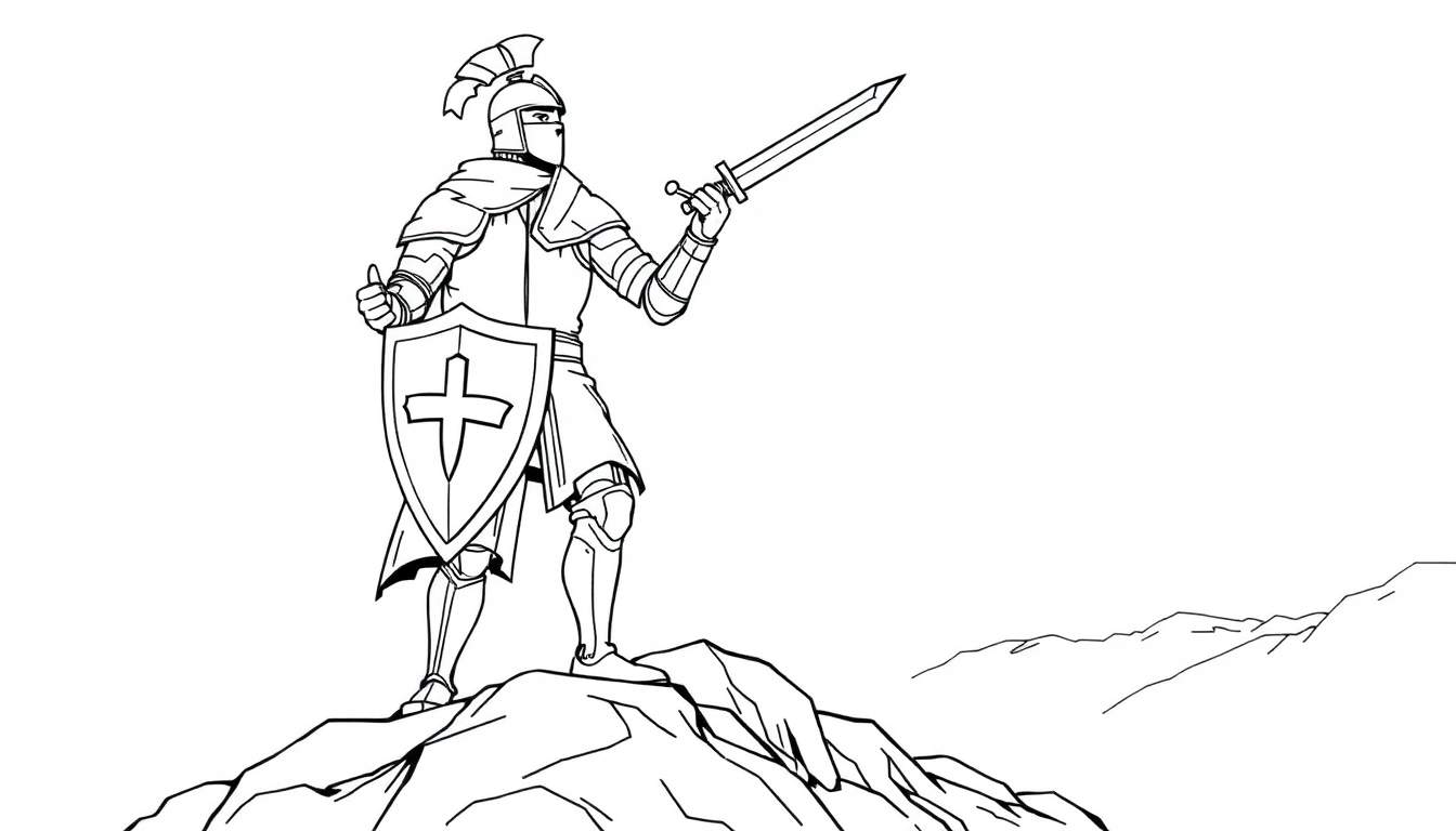 Página para colorear en blanco y negro de un valiente caballero sobre una montaña, sosteniendo una espada, listo para la aventura.