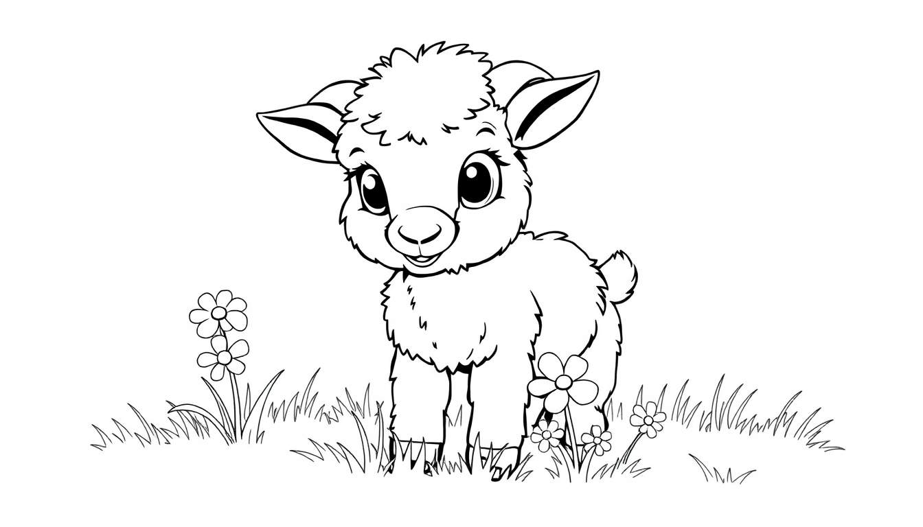 Un dibujo a lápiz de un lindo cordero con pelaje rizado, de pie en un campo de hierba y flores, listo para colorear.