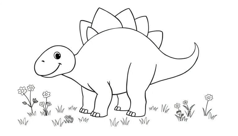Estegosaurio de dibujos animados amigable con placas de color, listo para colorear.