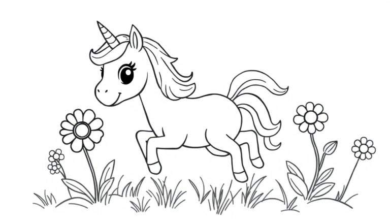 Placa de color de un unicornio feliz corriendo entre flores de colores.