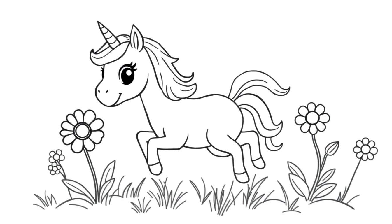 Placa de color de un unicornio feliz corriendo entre flores de colores.