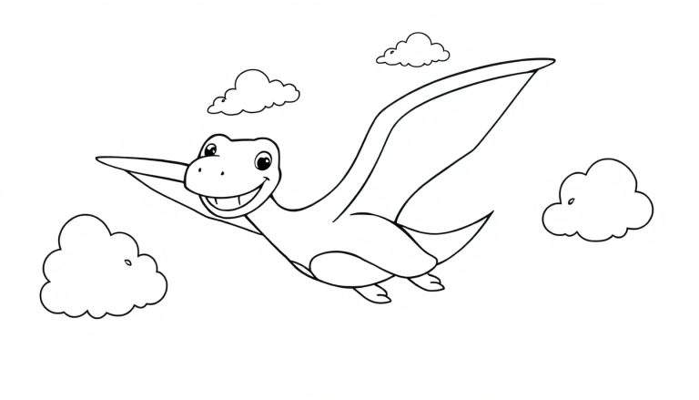 Placa de color de un Pteranodon sonriente volando entre nubes.