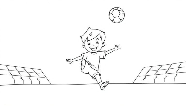Placa de color de un niño saltando para chutar un balón de fútbol.