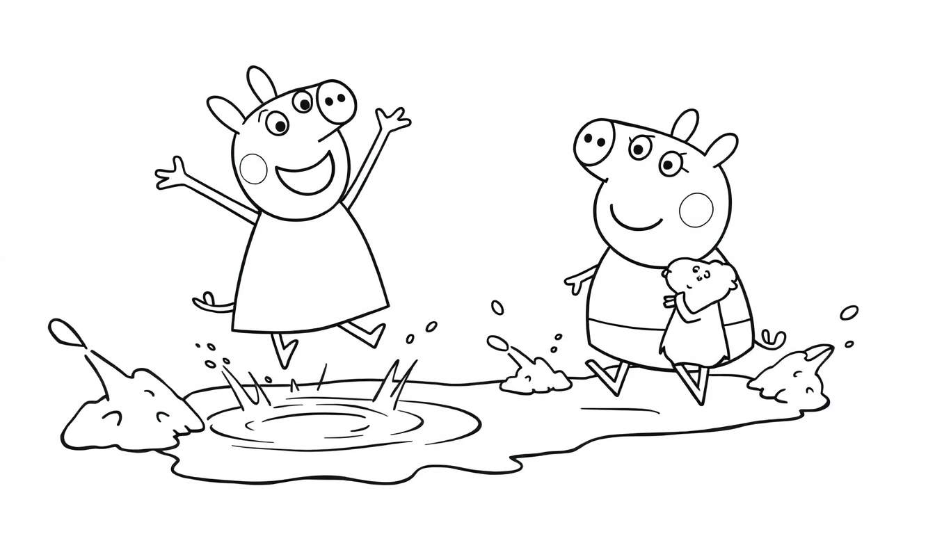 Peppa Pig y George Pig jugando en un charco fangoso. Página para colorear en blanco y negro, estilo caricatura adorable, lista para añadir placa de color.