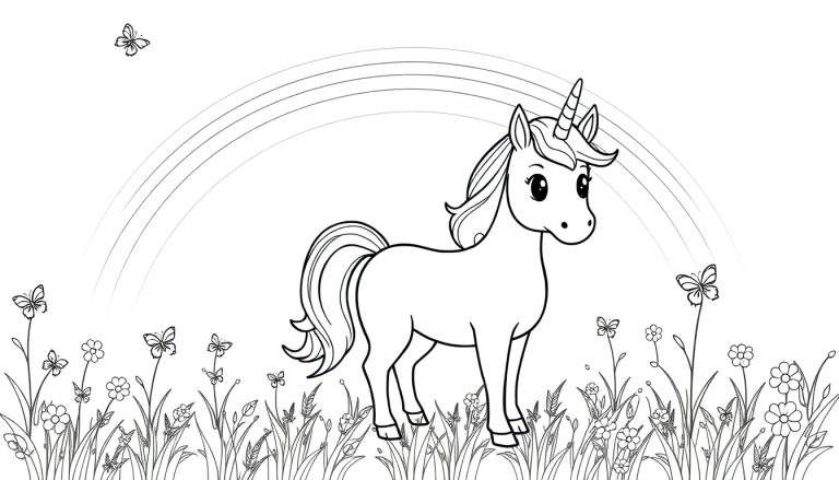 Página para colorear de un unicornio amigable con arcoíris y mariposas, lista para ser coloreada.