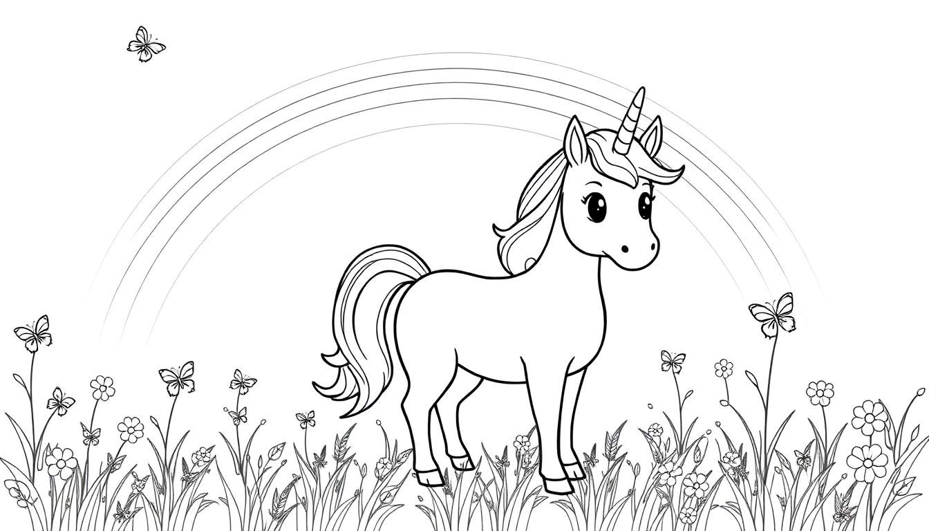 Página para colorear de un unicornio amigable con arcoíris y mariposas, lista para ser coloreada.