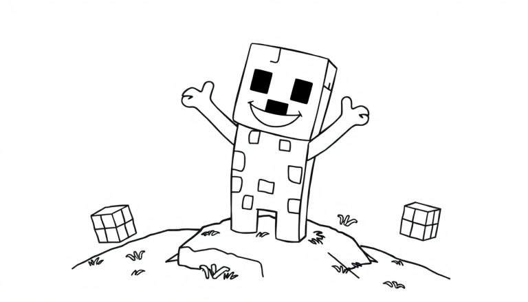 Personaje de Minecraft con cabeza de cubo y cuerpo rectangular, sonriendo y saludando, sobre un montículo con cubos adicionales y hierba, listo para ser coloreado.