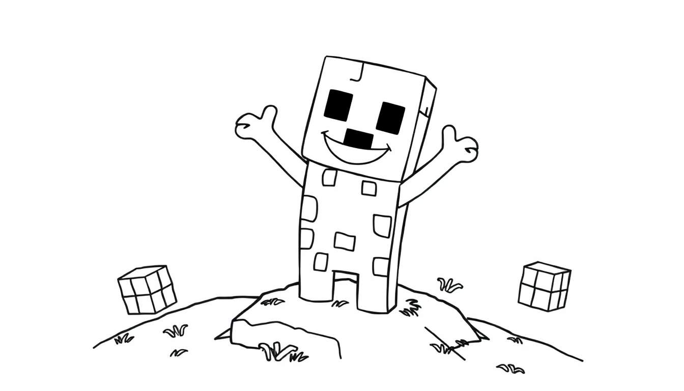 Personaje de Minecraft con cabeza de cubo y cuerpo rectangular, sonriendo y saludando, sobre un montículo con cubos adicionales y hierba, listo para ser coloreado.