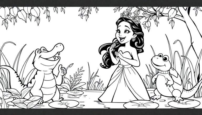 Placa de color con Tiana cantando con un cocodrilo y una rana en un pantano.