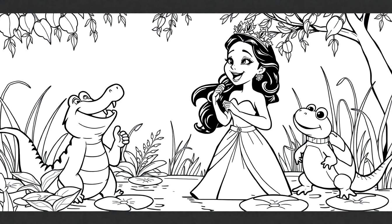 Placa de color con Tiana cantando con un cocodrilo y una rana en un pantano.