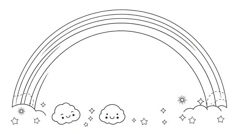 Placa de color de un arcoíris, nubes sonrientes y estrellas.