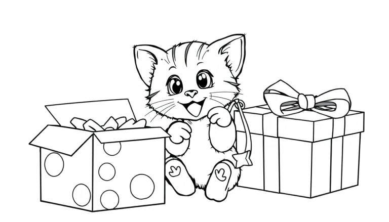 Una placa de color de un gatito feliz desempaquetando regalos de Navidad con huellas de patas.