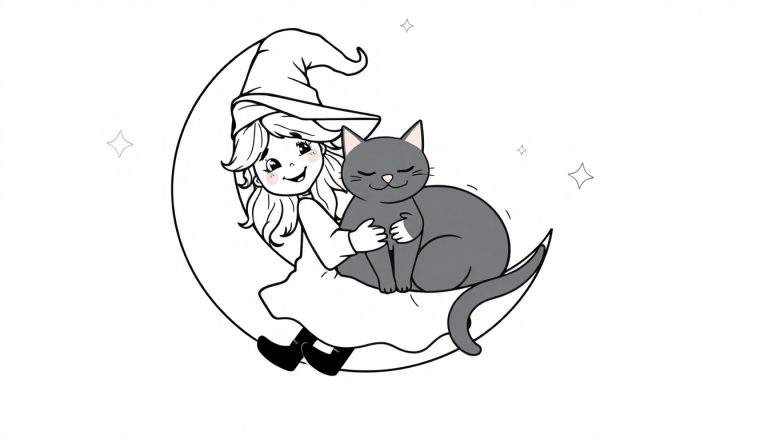 Placa de color de una brujita sonriente con su gato negro sentada en una luna creciente rodeada de estrellas.