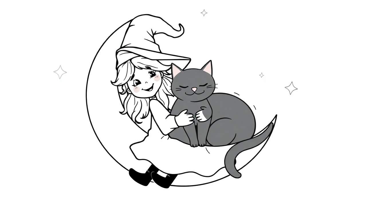 Placa de color de una brujita sonriente con su gato negro sentada en una luna creciente rodeada de estrellas.