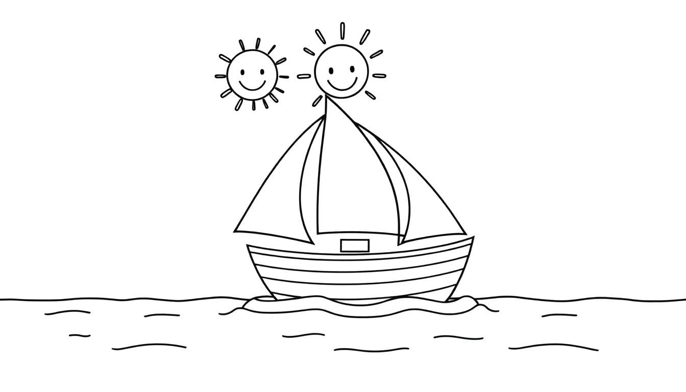 Un velero simple con dos velas bajo dos soles sonrientes.