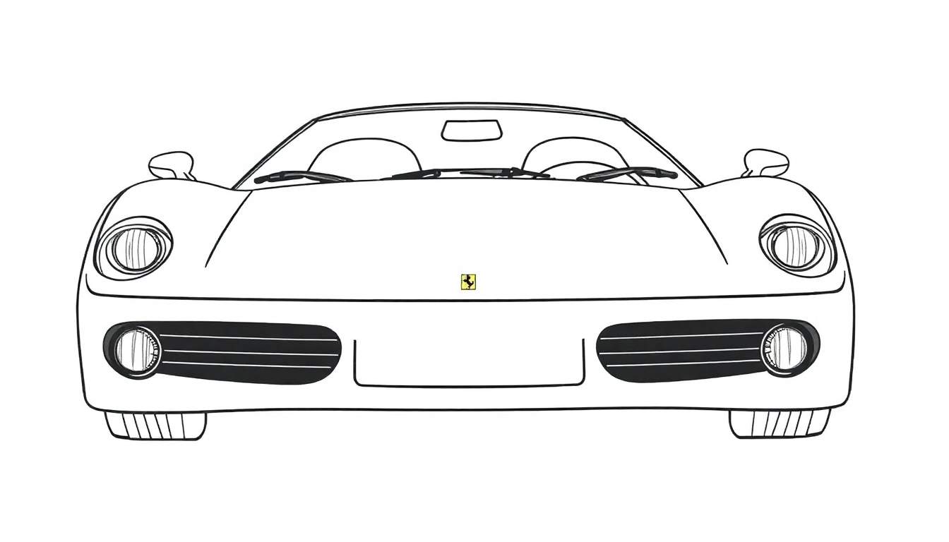 Un coche deportivo rojo brillante sin techo, dibujado con líneas limpias, listo para ser pintado con colores divertidos.