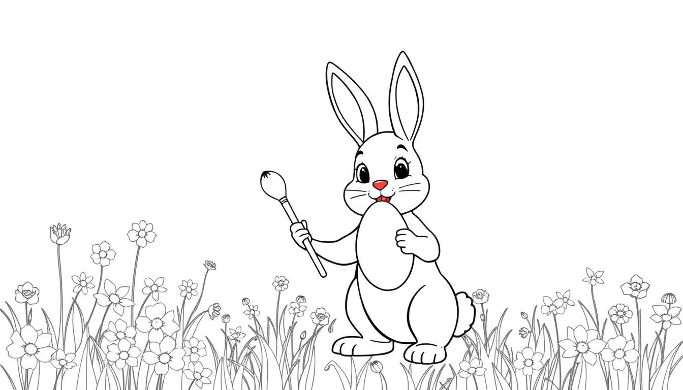 Un conejito de Pascua sonriente con un huevo y un pincel en un campo de flores.