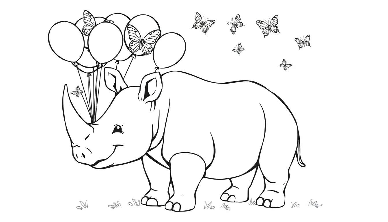 Un dibujo lineal de un rinoceronte sonriente volando con globos de mariposas atados a su cuerno.