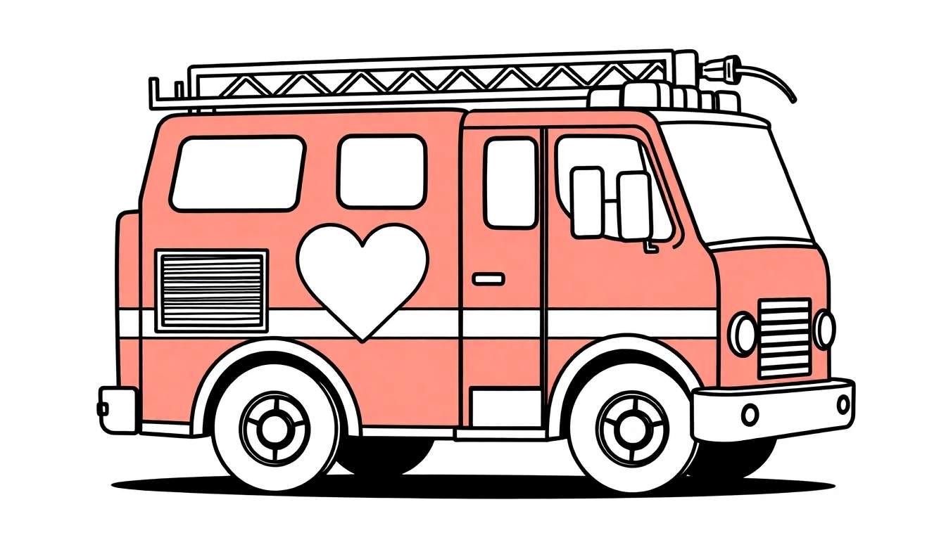 Un camión de bomberos caricaturizado de color melocotón con un corazón blanco, una escalera y una franja blanca.