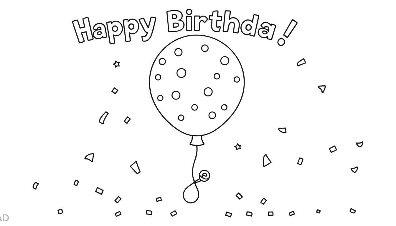 Un dibujo en blanco y negro de un globo de cumpleaños con confeti y el texto '¡Feliz Cumpleaños!'