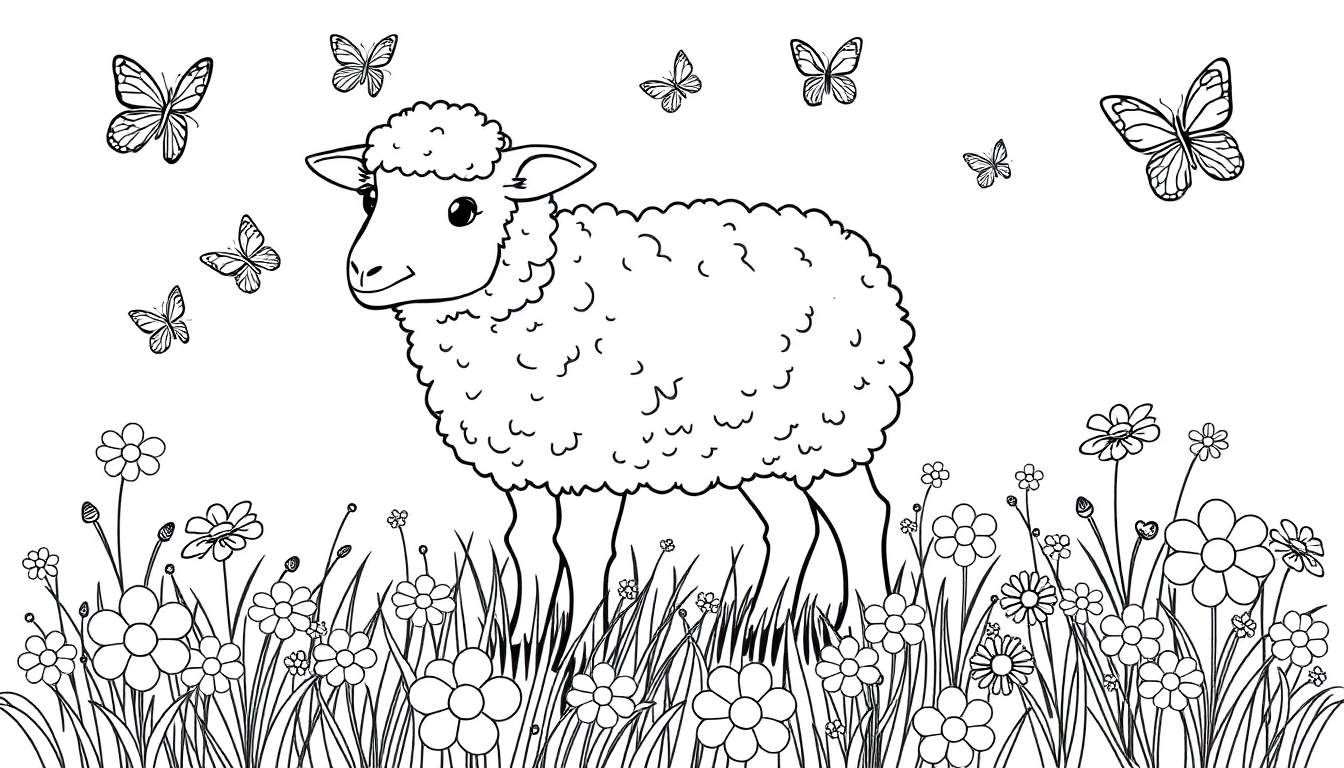 Un dibujo lineal en blanco y negro de un corderito adorable en un campo de flores con mariposas.