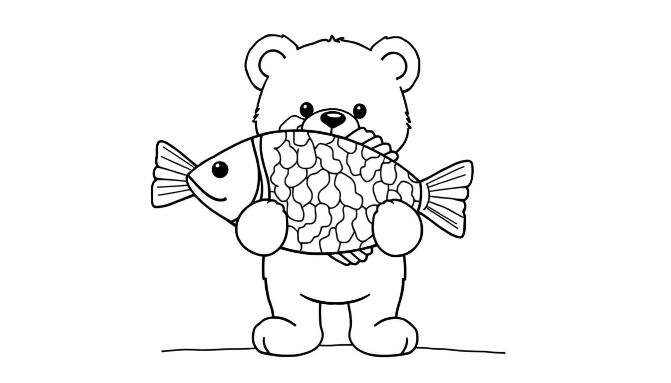 Oso de peluche de dibujos animados sosteniendo un pez grande, listo para colorear.