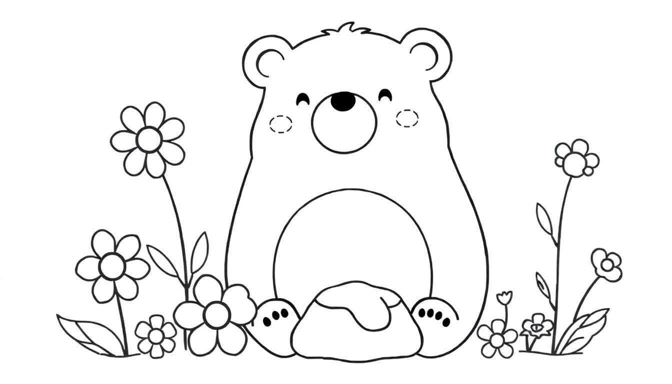 Oso amigable sentado entre flores con un tarro de miel.