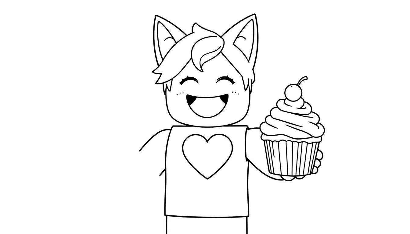 Personaje de Roblox con orejas de gato sosteniendo un cupcake.