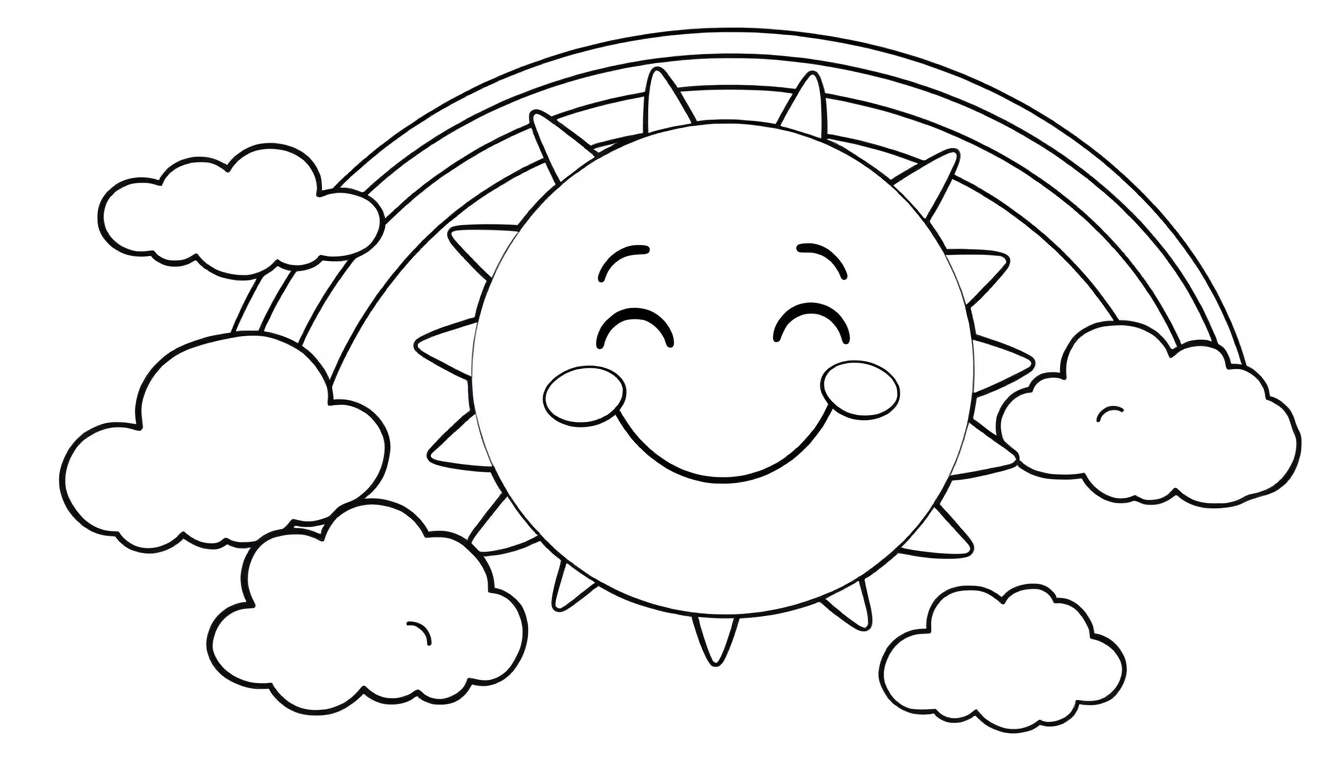 Un sol sonriente con cara amigable rodeado de nubes y un arco iris sobre un fondo blanco.