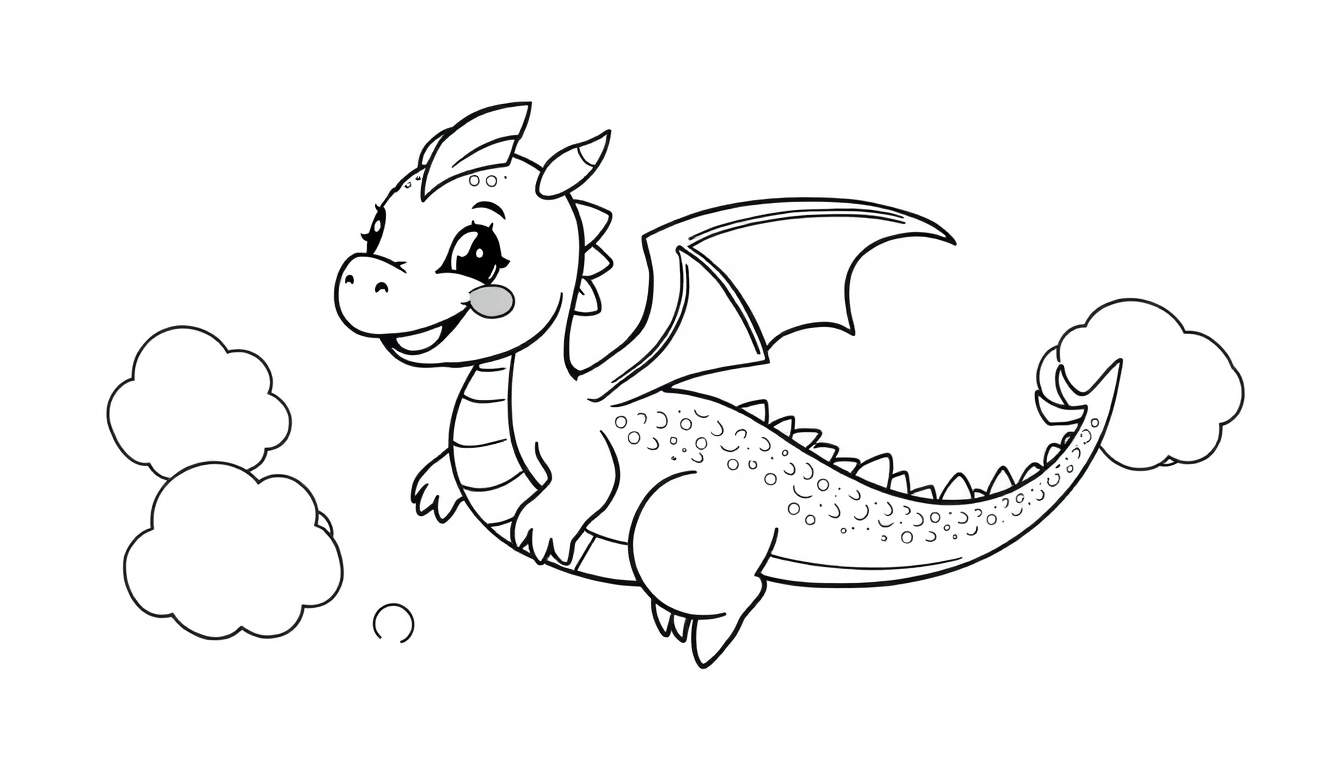 Un dragón de dibujos animados amigable con alas pequeñas y una cola en forma de nube.