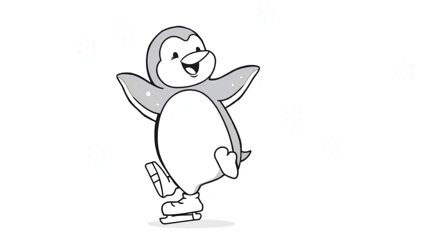 Un pingüino de dibujos animados con patines de hielo y copos de nieve cayendo.