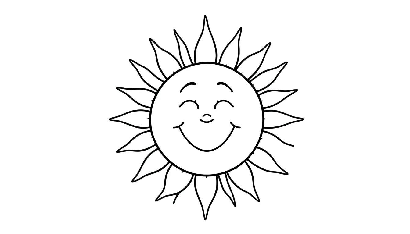 Dibujo lineal de un sol sonriente con rayos en forma de pétalos, listo para colorear.