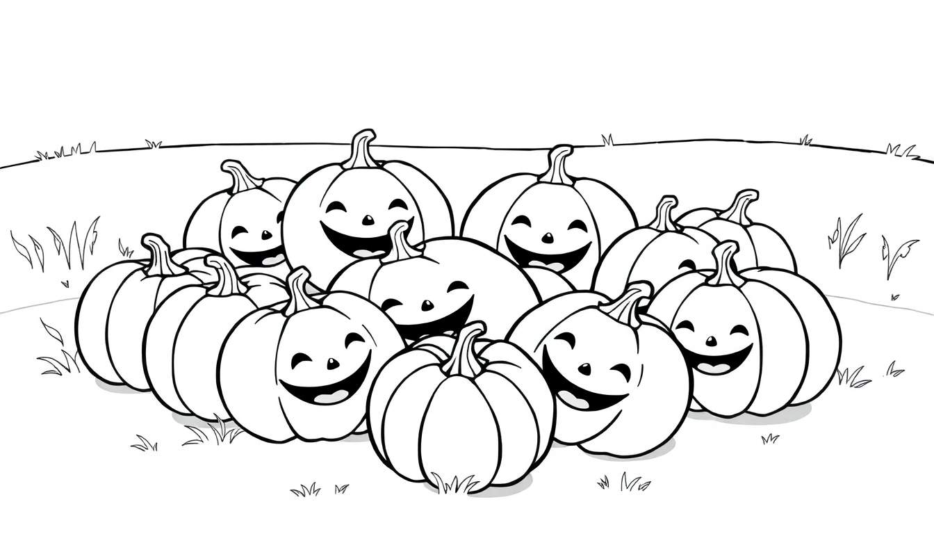 Un grupo de calabazas de dibujos animados con caras sonrientes en un campo para colorear.