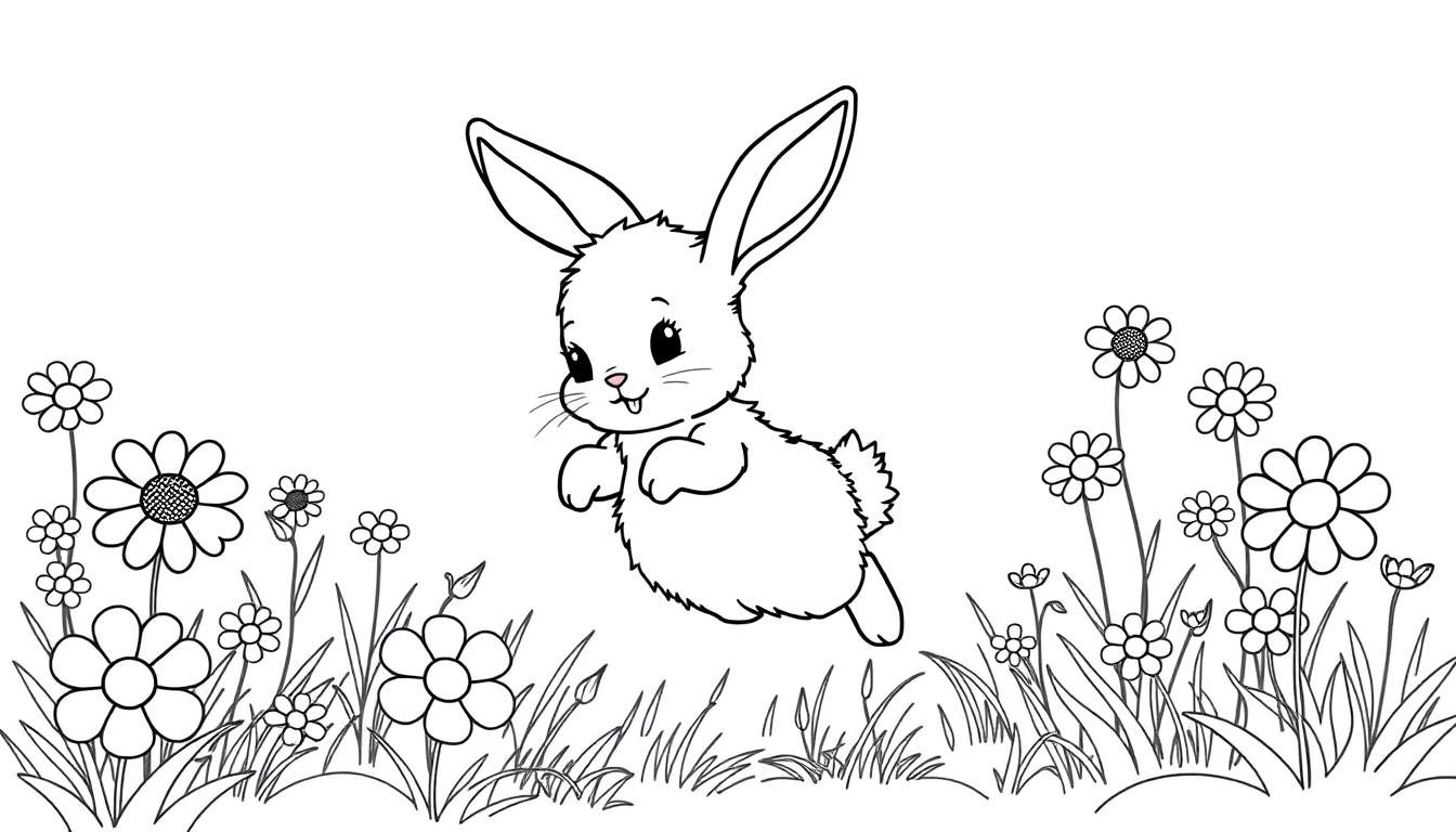 Un conejito blanco de dibujos animados saltando felizmente en un campo lleno de flores en blanco y negro, listo para ser coloreado.