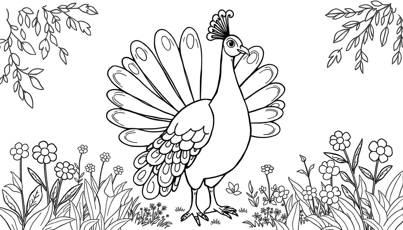 Página para colorear de un pavo real feliz con su cola extendida en un jardín con flores.