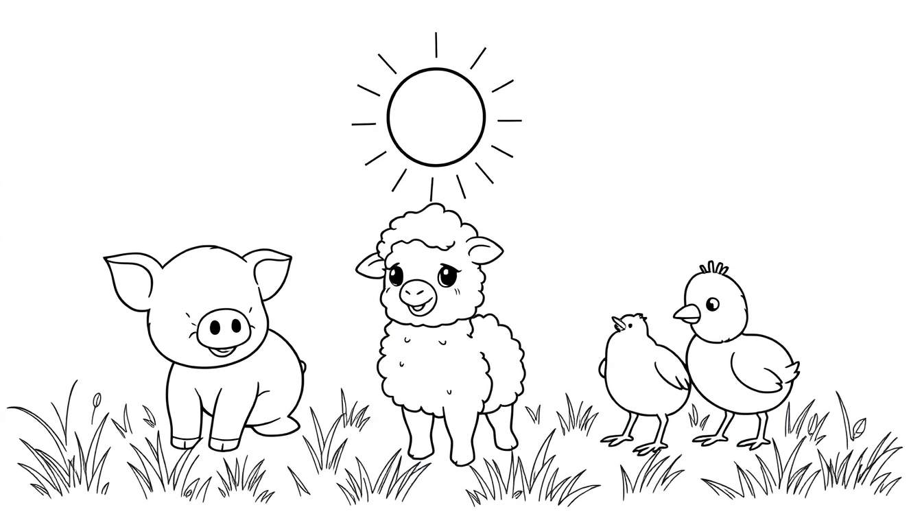 Un cerdo, una oveja y dos pollitos jugando en un campo bajo el sol.