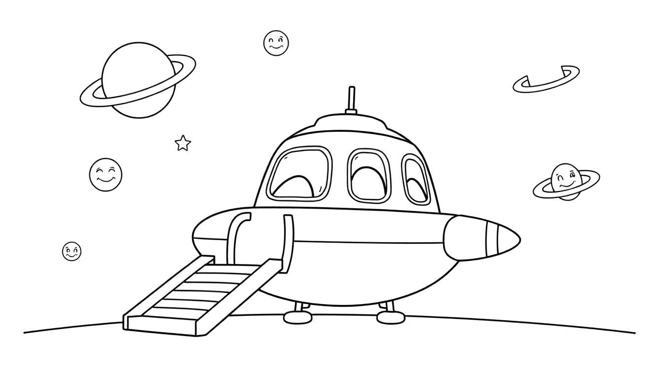 Un cohete espacial amigable en un planeta con planetas sonrientes y estrellas brillantes en el espacio.