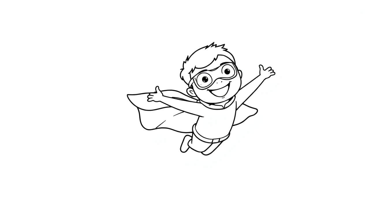 Un niño pequeño con un disfraz de superhéroe, antifaz y capa ondeante, volando feliz con los brazos extendidos.