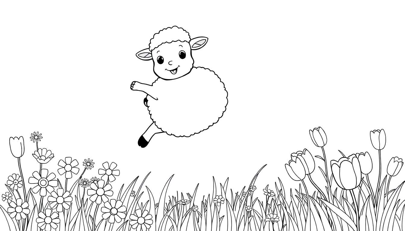Un cordero feliz saltando entre flores en un campo.