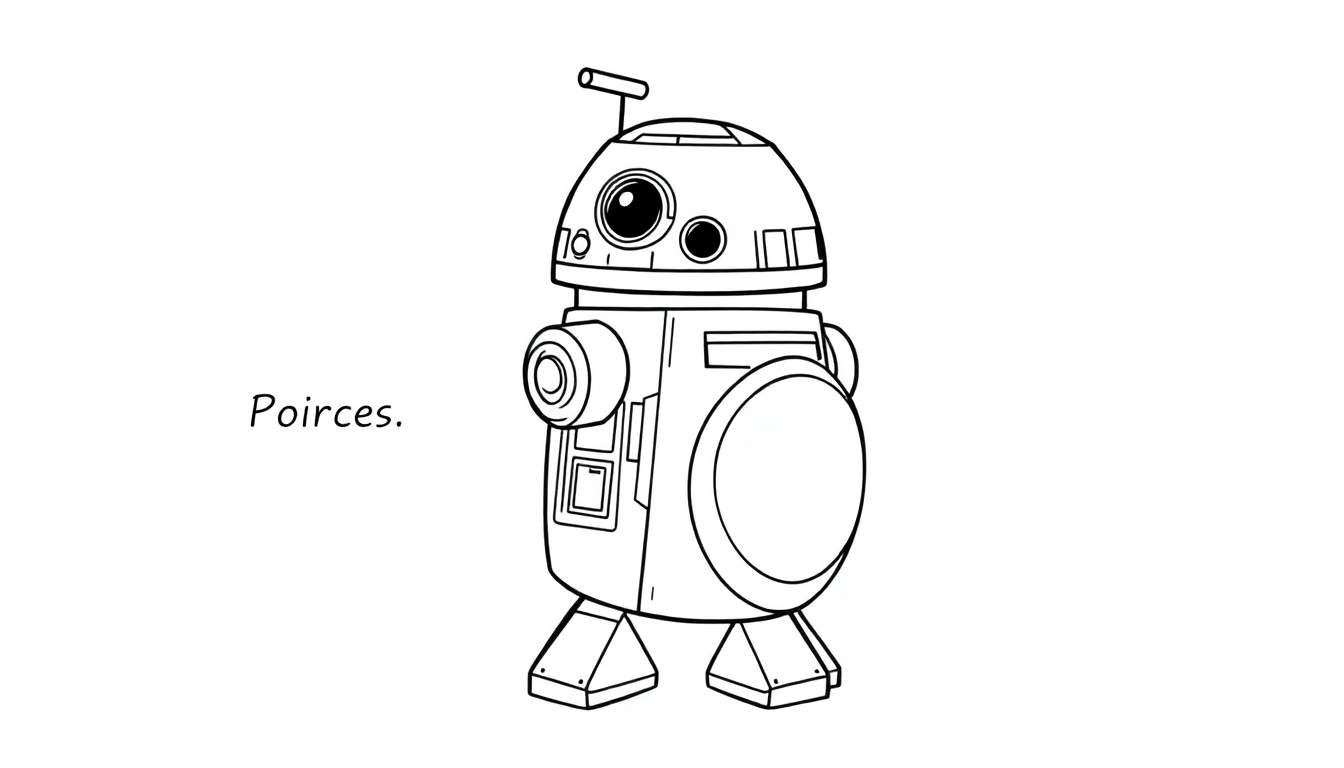 Droide astromecánico tipo BB en blanco y negro para colorear, con cabeza abovedada y cuerpo cilíndrico con detalles mecánicos y dos pies trapezoidales. Firma 'Poirces' en la esquina inferior izquierda.