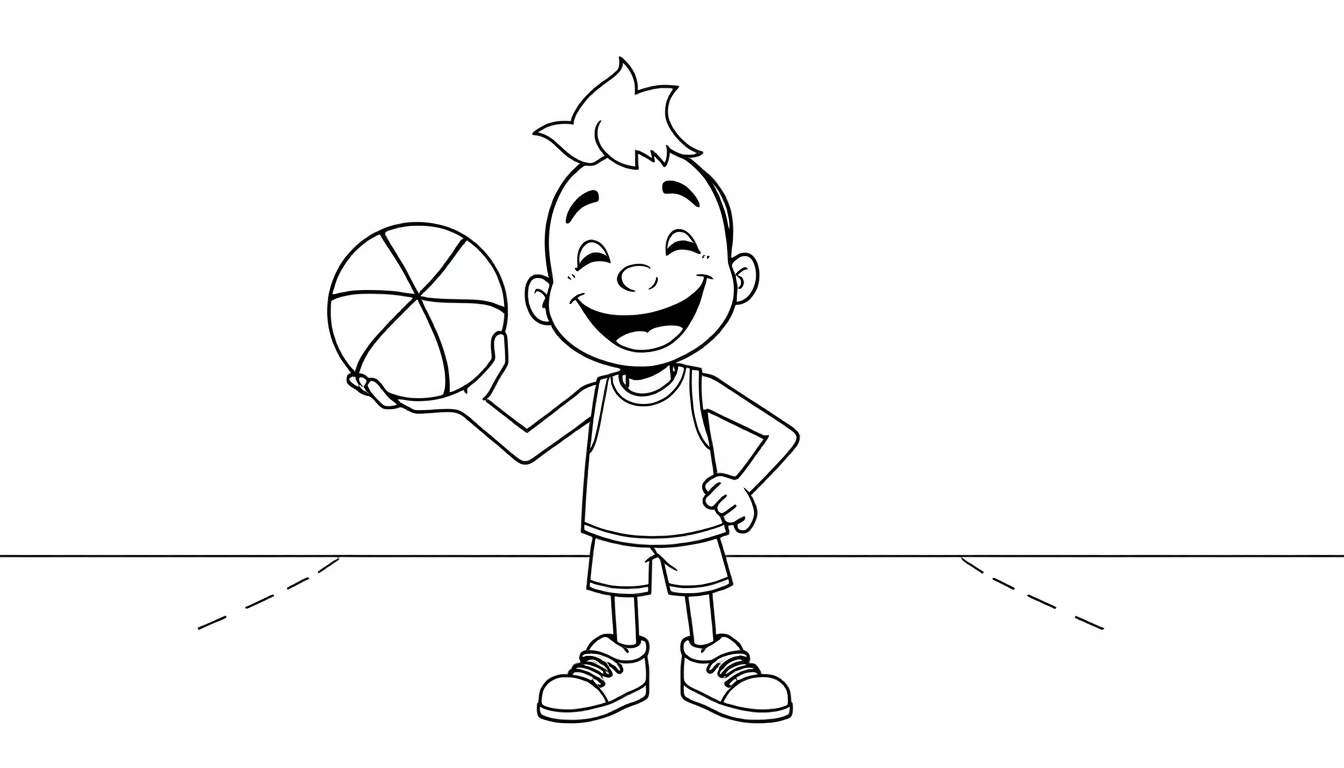 Niño sonriente con camiseta de baloncesto y pantalones cortos sosteniendo una pelota de baloncesto en una cancha.