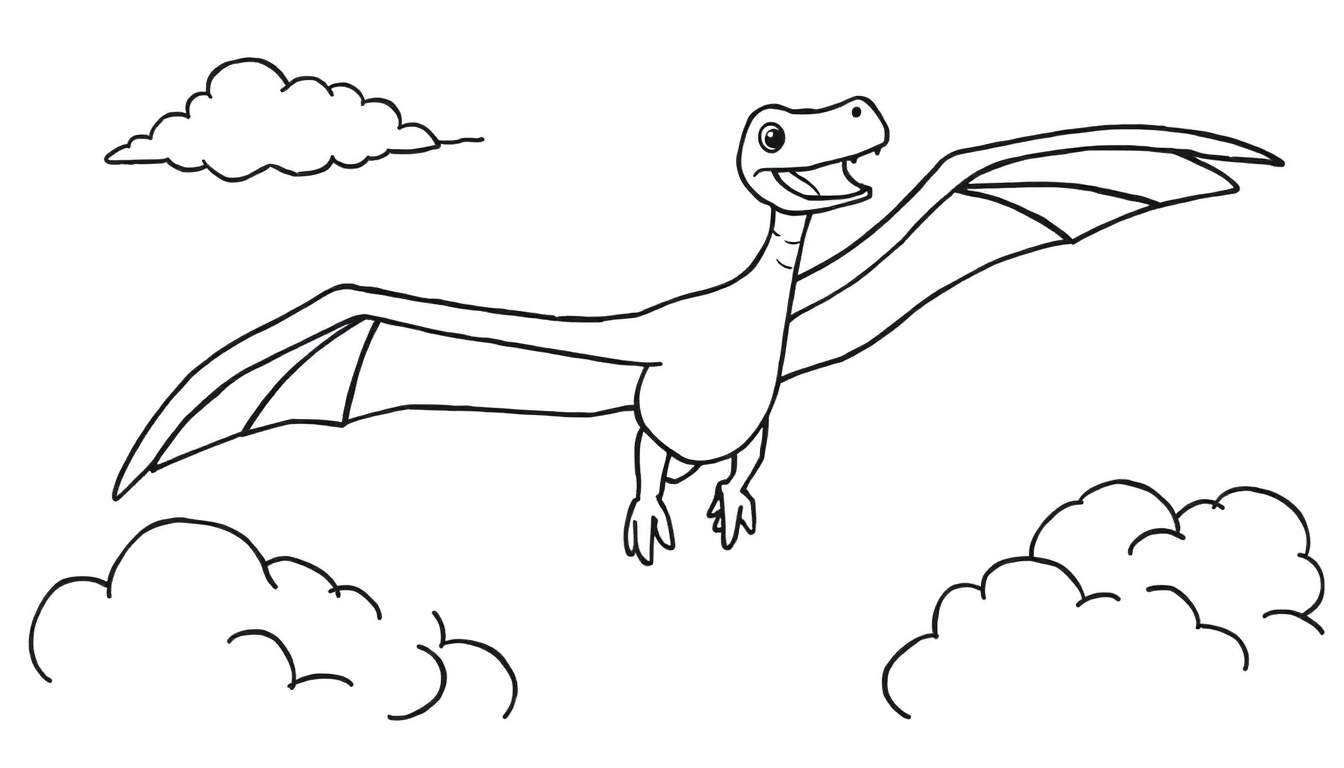 Un pterodáctilo amigable de dibujos animados volando felizmente entre nubes.