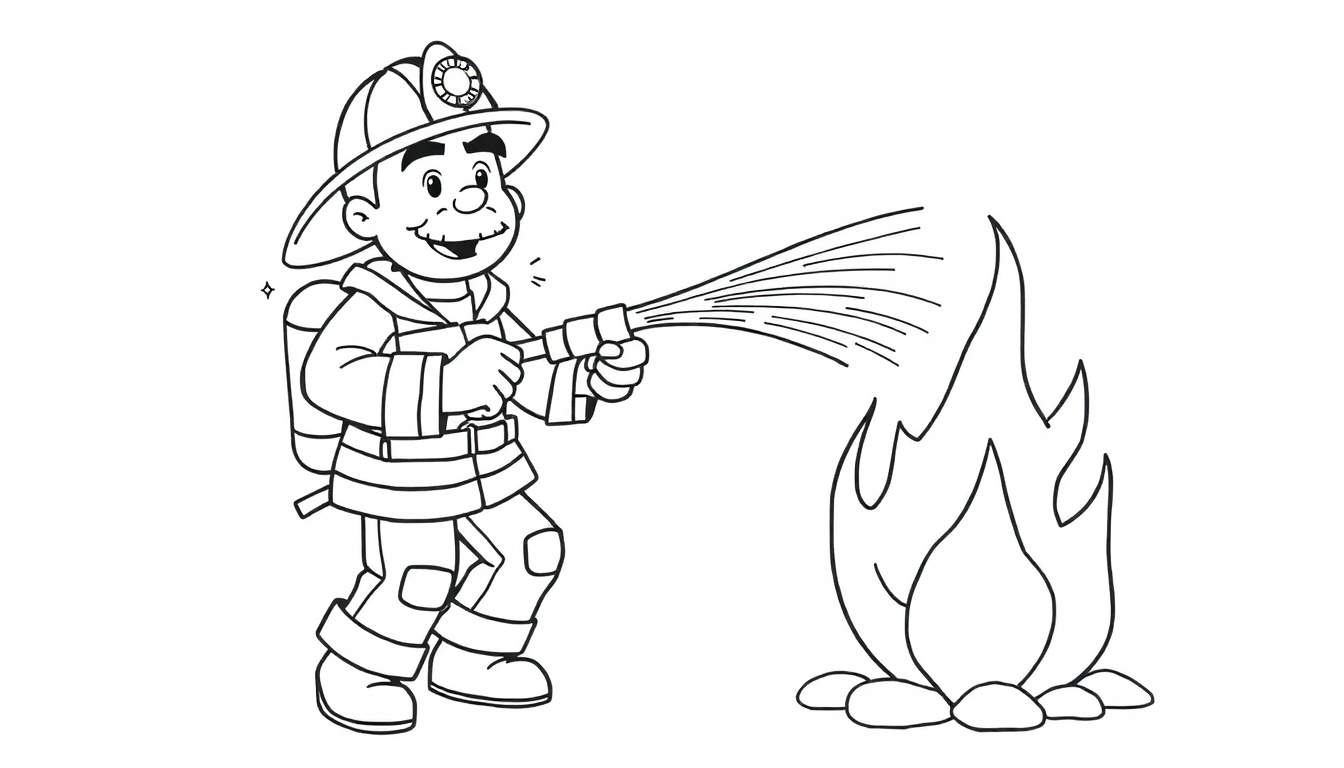Bombero sonriente rociando agua sobre un fuego